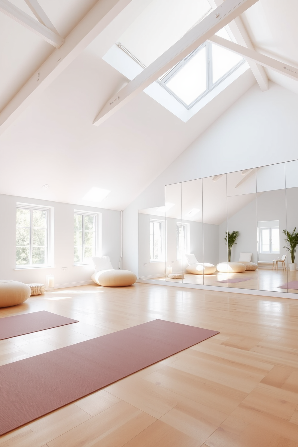 Bright white yoga studio with mirrored walls. The space features polished wooden floors and large windows that allow natural light to flood in, creating a serene atmosphere. White attic room design ideas. The room showcases sloped ceilings with exposed beams, adorned with soft, cozy furnishings and a minimalist aesthetic that enhances the feeling of openness.