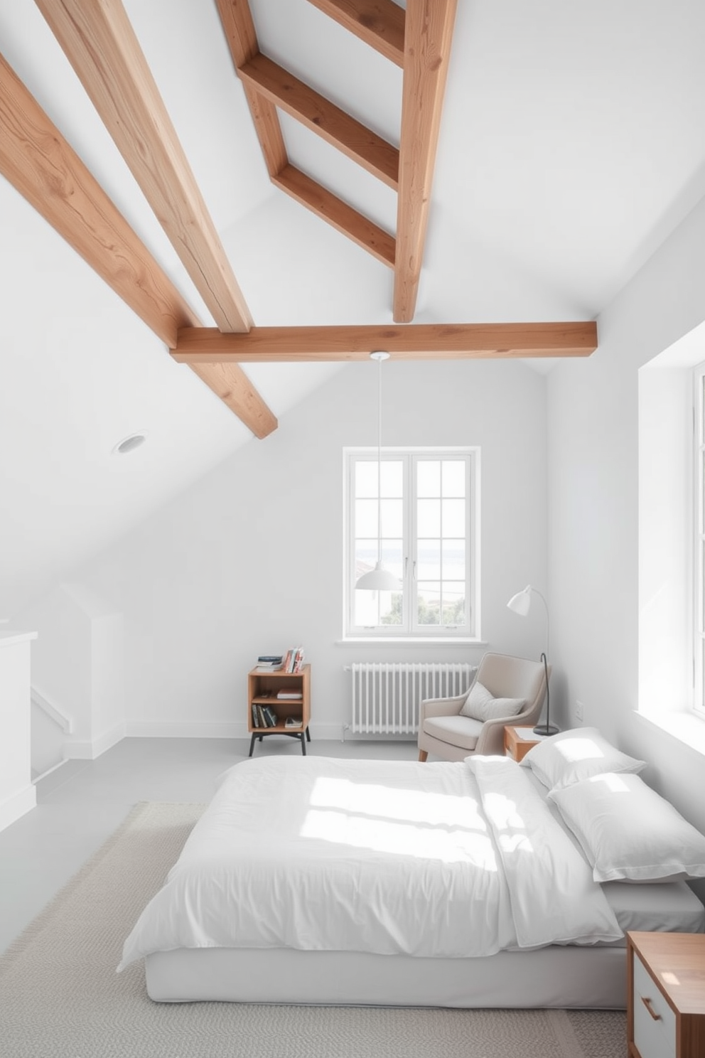 A minimalist white attic bedroom features exposed wood beams that add warmth and character to the space. The walls are painted in a crisp white, creating a bright and airy atmosphere, while large windows allow natural light to flood in. The room is furnished with a low-profile bed dressed in soft linens and a simple bedside table. A cozy reading nook with a plush chair and a small bookshelf is tucked into one corner, enhancing the room's functionality and charm.