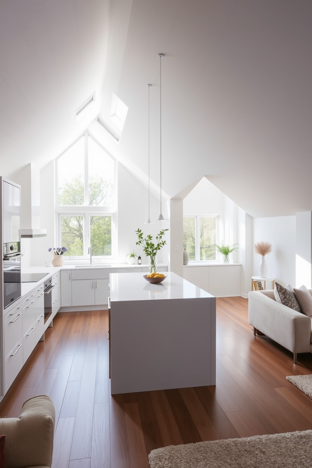 A sleek white kitchen with large windows showcasing beautiful attic views. The cabinetry is minimalist with integrated appliances, and a large island serves as both a workspace and a casual dining area. The walls are adorned with subtle textured finishes, enhancing the bright and airy atmosphere. Natural light floods the space, highlighting the elegant white countertops and the warm wood accents throughout the room. For the white attic room design, envision a cozy yet modern space with sloped ceilings and skylights. The decor features soft, neutral tones complemented by plush furnishings and strategically placed lighting to create an inviting ambiance.