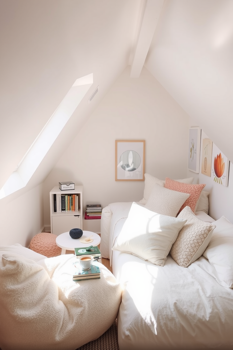 Cozy white reading corner with oversized cushions. A plush white armchair is nestled in the corner, surrounded by a collection of oversized, soft cushions in various textures. Natural light pours in through a large window, illuminating a small side table holding a steaming cup of tea and a stack of books. The walls are adorned with soft pastel artwork, creating a serene and inviting atmosphere. White Attic Room Design Ideas. The sloped ceiling is painted in a crisp white, enhancing the sense of space and light. A comfortable bed is positioned against one wall, layered with fluffy white bedding and colorful throw pillows. A cozy reading nook is created by placing a small bookshelf and a bean bag chair in the corner, perfect for relaxation.