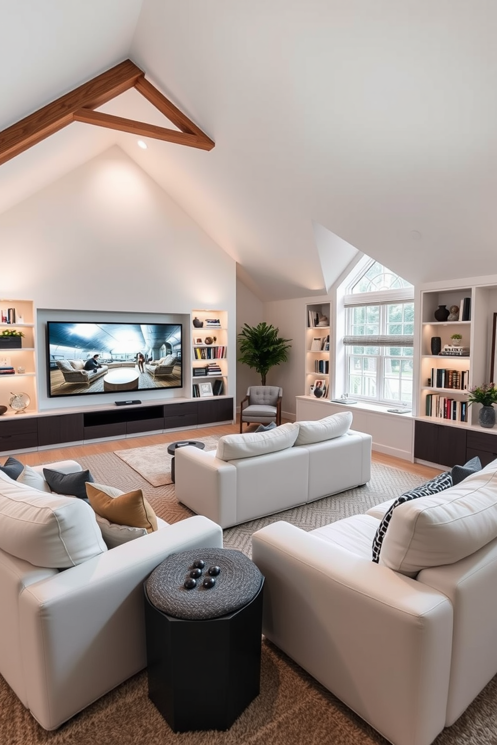 A stylish white media room featuring plush, oversized seating arranged for optimal viewing. The walls are adorned with sleek built-in shelves filled with books and decorative items, and soft ambient lighting creates a cozy atmosphere. An inviting attic room designed with a blend of modern and rustic elements. Exposed wooden beams complement the soft white walls, and a comfortable reading nook is created with a large window and a cozy armchair.