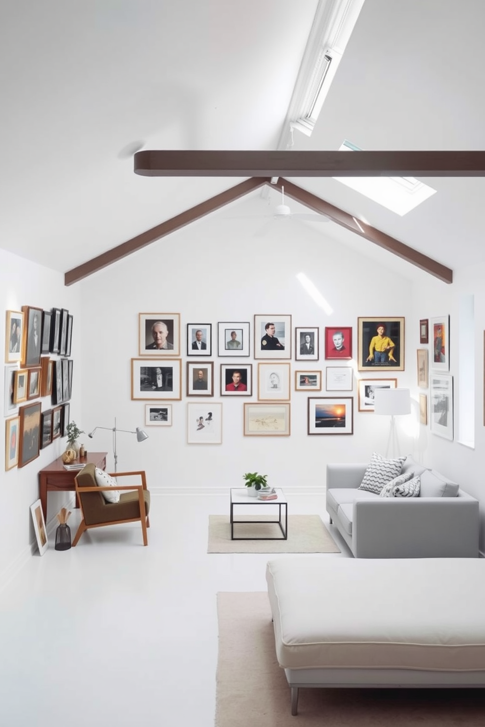 Bright white gallery with artwork displays. The walls are adorned with various framed artworks, creating a vibrant and inviting atmosphere. White attic room design ideas. The space features sloped ceilings with skylights, allowing natural light to flood the room, complemented by minimalist furniture and soft textiles.