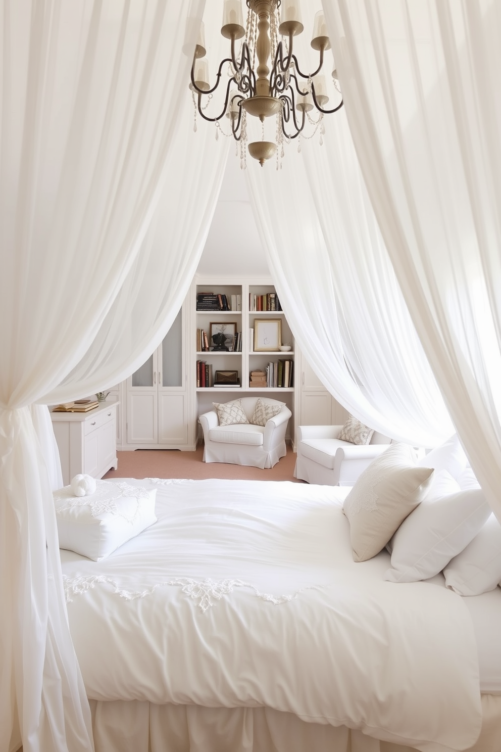 Elegant white bridal suite with soft lighting. The room features a plush white bed adorned with delicate lace and satin pillows, surrounded by sheer curtains that softly diffuse the light. White attic room design ideas. The space includes a cozy reading nook with a comfortable armchair, and the walls are lined with built-in shelves filled with books and decorative items.