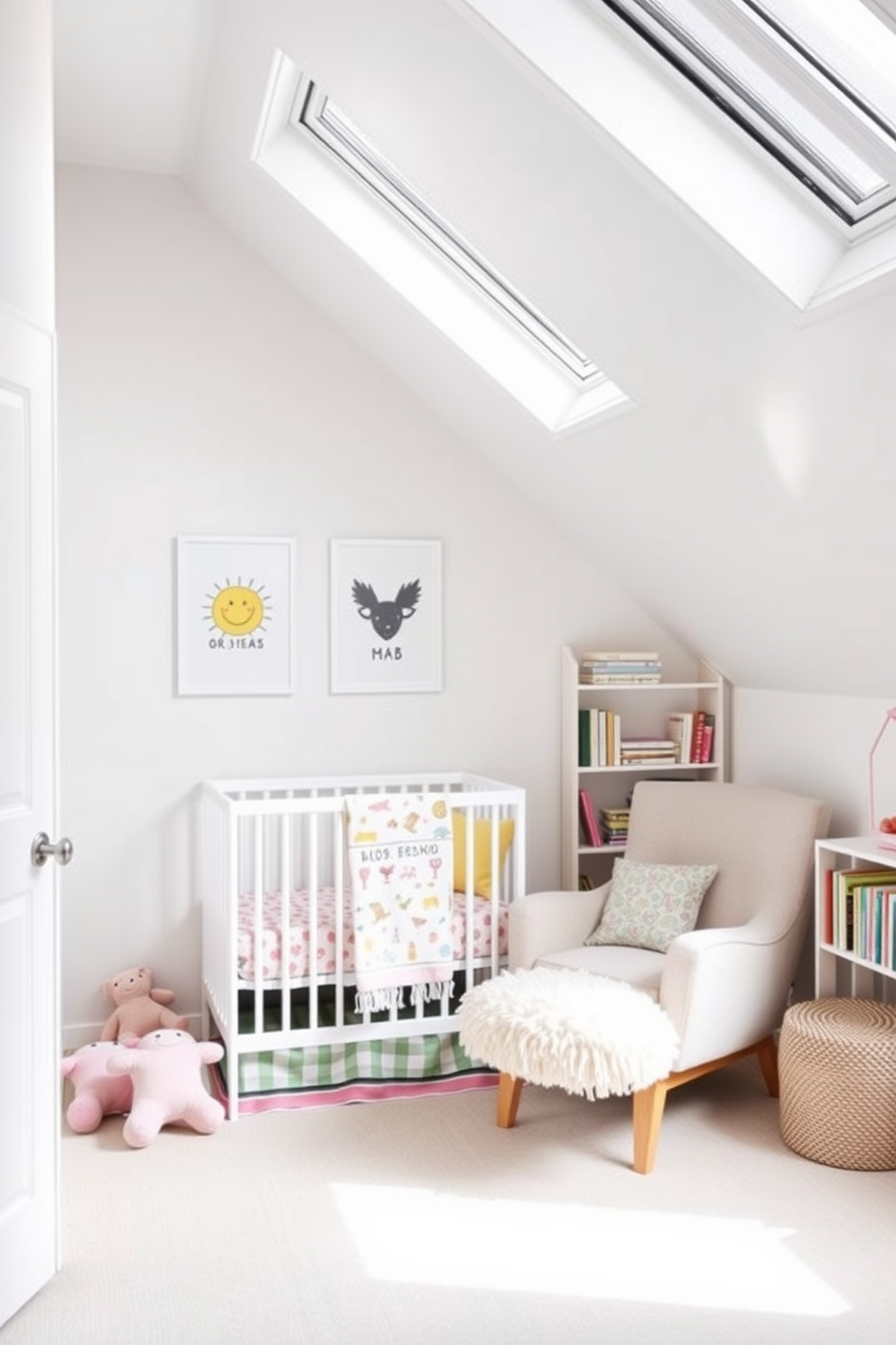 Chic white nursery with playful decor. The room features a white crib adorned with colorful bedding, surrounded by whimsical wall art and soft plush toys. White attic room design ideas. The space is filled with natural light from skylights, showcasing a cozy reading nook with a plush armchair and a stylish bookshelf against the sloped ceiling.