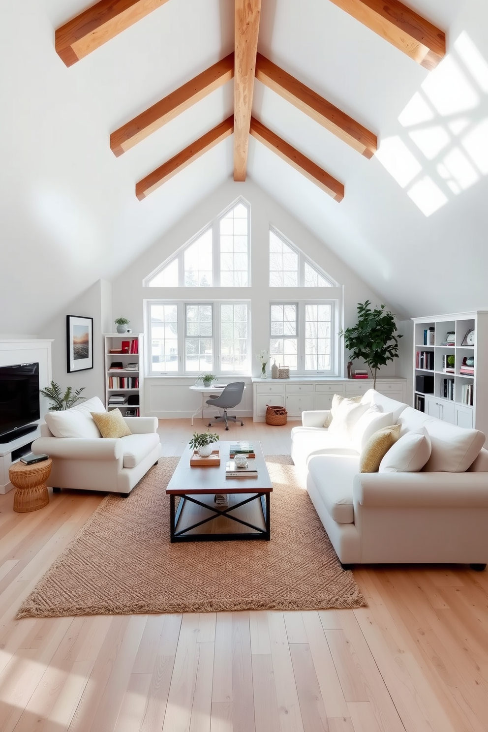 Inviting white family room with a spacious sectional sofa that features plush cushions and a soft texture. Large windows allow natural light to flood the room, highlighting the light wooden flooring and a cozy area rug beneath the coffee table. White attic room design ideas showcasing sloped ceilings adorned with exposed wooden beams. A comfortable reading nook with a built-in bookshelf and a small desk creates a perfect space for relaxation and creativity.