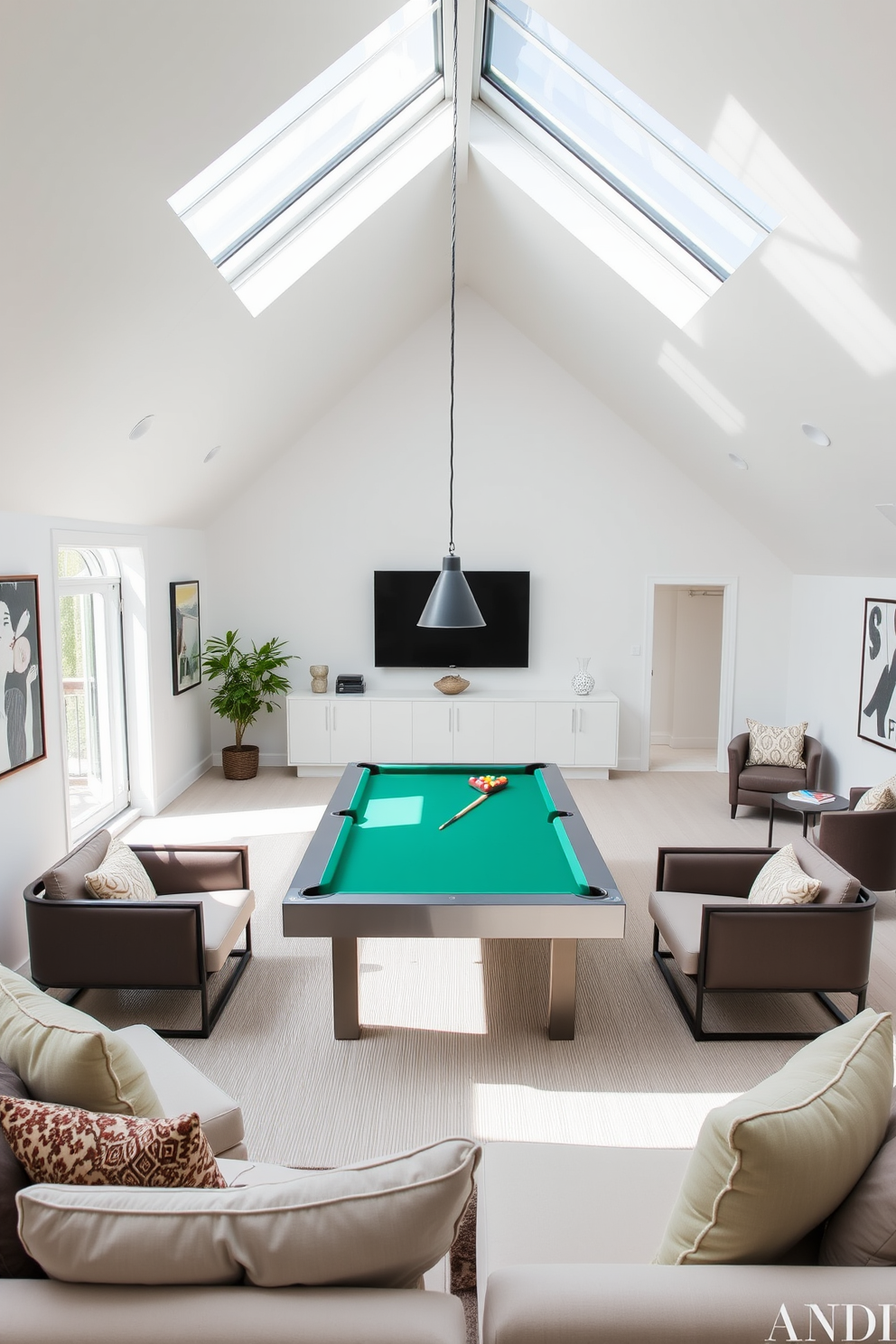 A modern white game room features a sleek pool table at its center surrounded by comfortable lounge chairs. The walls are adorned with contemporary artwork, and large windows allow natural light to flood the space. The white attic room design incorporates sloped ceilings and skylights that enhance the airy feel. Cozy seating areas with plush cushions and a small reading nook create a welcoming atmosphere.