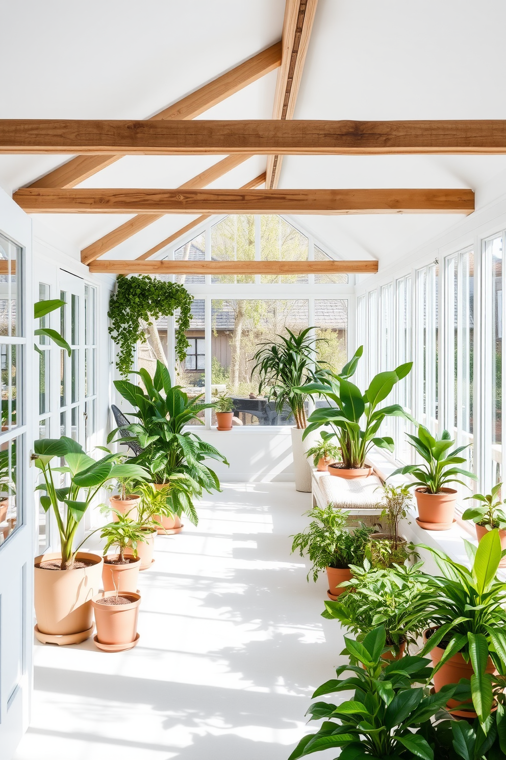 Bright white greenhouse with indoor plants. The space is filled with a variety of lush green plants in elegant pots, allowing natural light to flood the room through large glass panels. White attic room design ideas. The room features sloped ceilings adorned with exposed wooden beams, creating a cozy atmosphere with a minimalist white color palette and soft textiles.