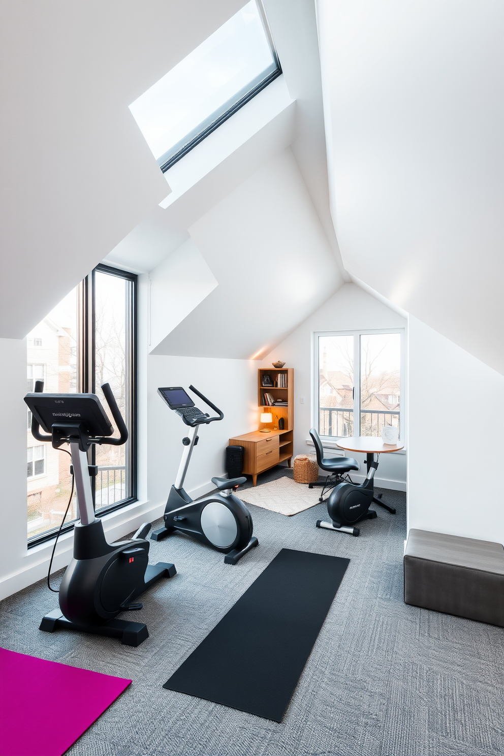 A contemporary fitness area featuring sleek white walls and large windows that allow natural light to flood the space. The room is equipped with modern exercise machines, a yoga mat, and stylish storage solutions, creating a motivating environment for workouts. A cozy attic room designed with a minimalist aesthetic, showcasing sloped ceilings and soft white walls. The space is furnished with a comfortable reading nook, a small desk, and warm lighting, making it an inviting retreat for relaxation and creativity.