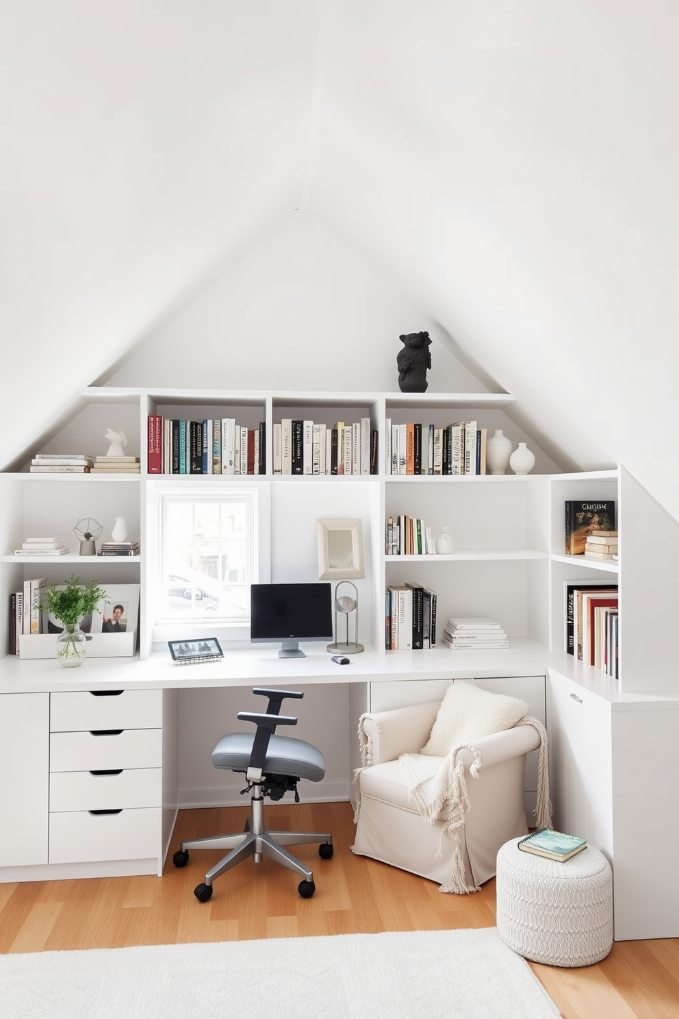 Bright white workspace with open shelving. The room features a large white desk positioned under a window, allowing natural light to flood in. The open shelving is filled with neatly organized books and decorative items. A comfortable ergonomic chair sits at the desk, complementing the clean aesthetic. White attic room design ideas. The sloped ceiling is painted white, enhancing the sense of space and light in the room. A cozy reading nook is created with a plush armchair and a small side table by the window. Soft textiles and a light rug add warmth to the minimalist design.