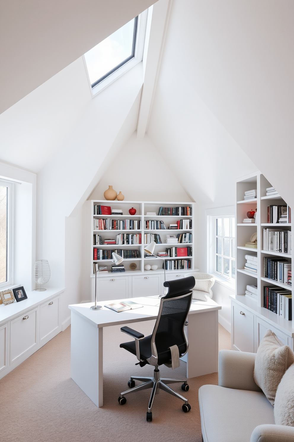 A serene white study features built-in bookshelves that stretch from floor to ceiling, filled with an array of books and decorative items. A large window allows natural light to flood the space, illuminating a sleek white desk paired with a comfortable ergonomic chair. The white attic room is designed with sloped ceilings and cozy nooks, creating an inviting atmosphere. Soft lighting fixtures and plush furnishings enhance the room's charm, while large windows offer stunning views of the surroundings.