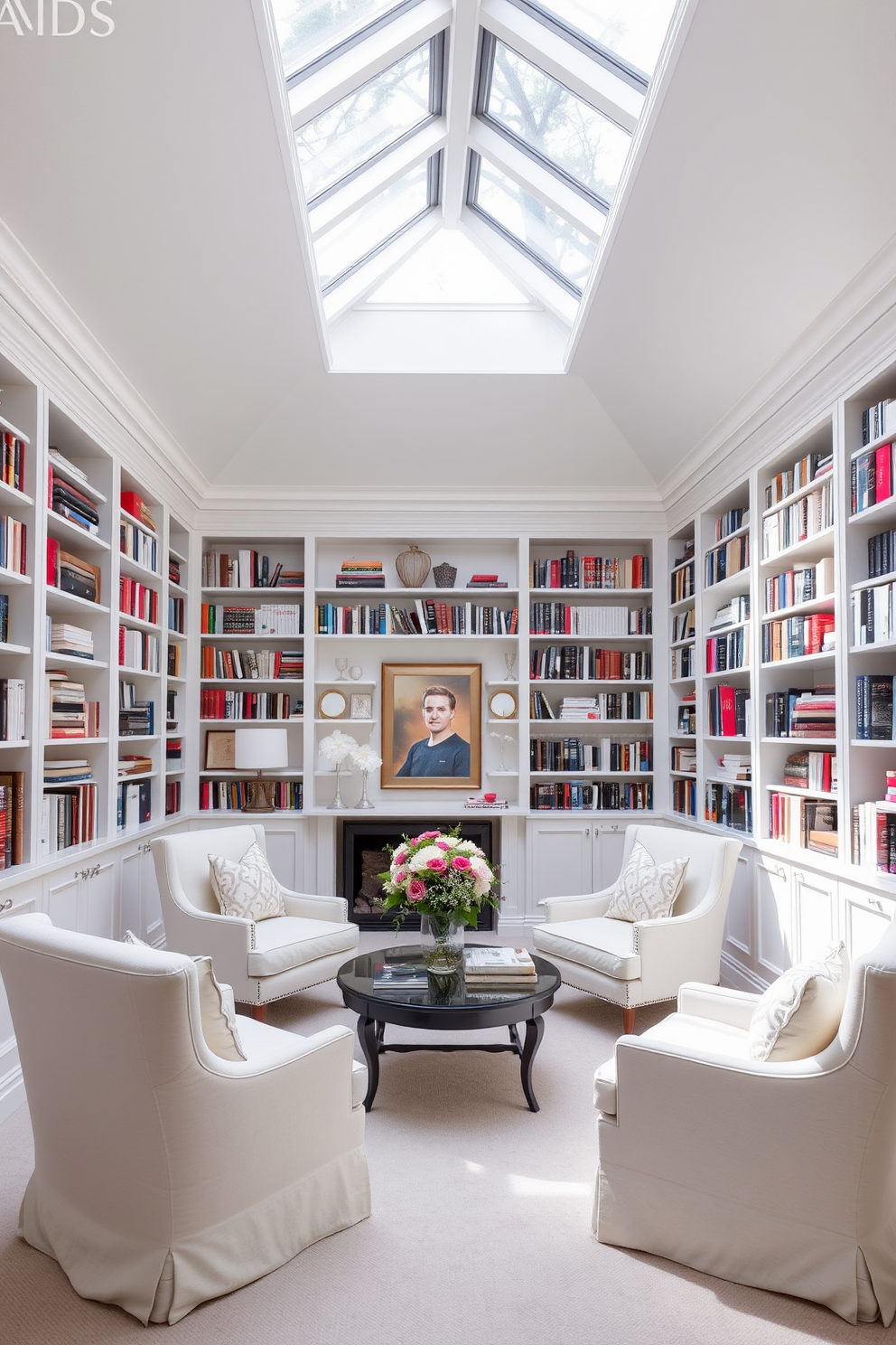 Elegant white attic library with plush seating. The space features built-in bookshelves lining the walls, filled with an array of books and decorative items. A large skylight allows natural light to flood the room, highlighting the soft white color scheme. Comfortable armchairs are arranged around a small coffee table, creating an inviting reading nook.