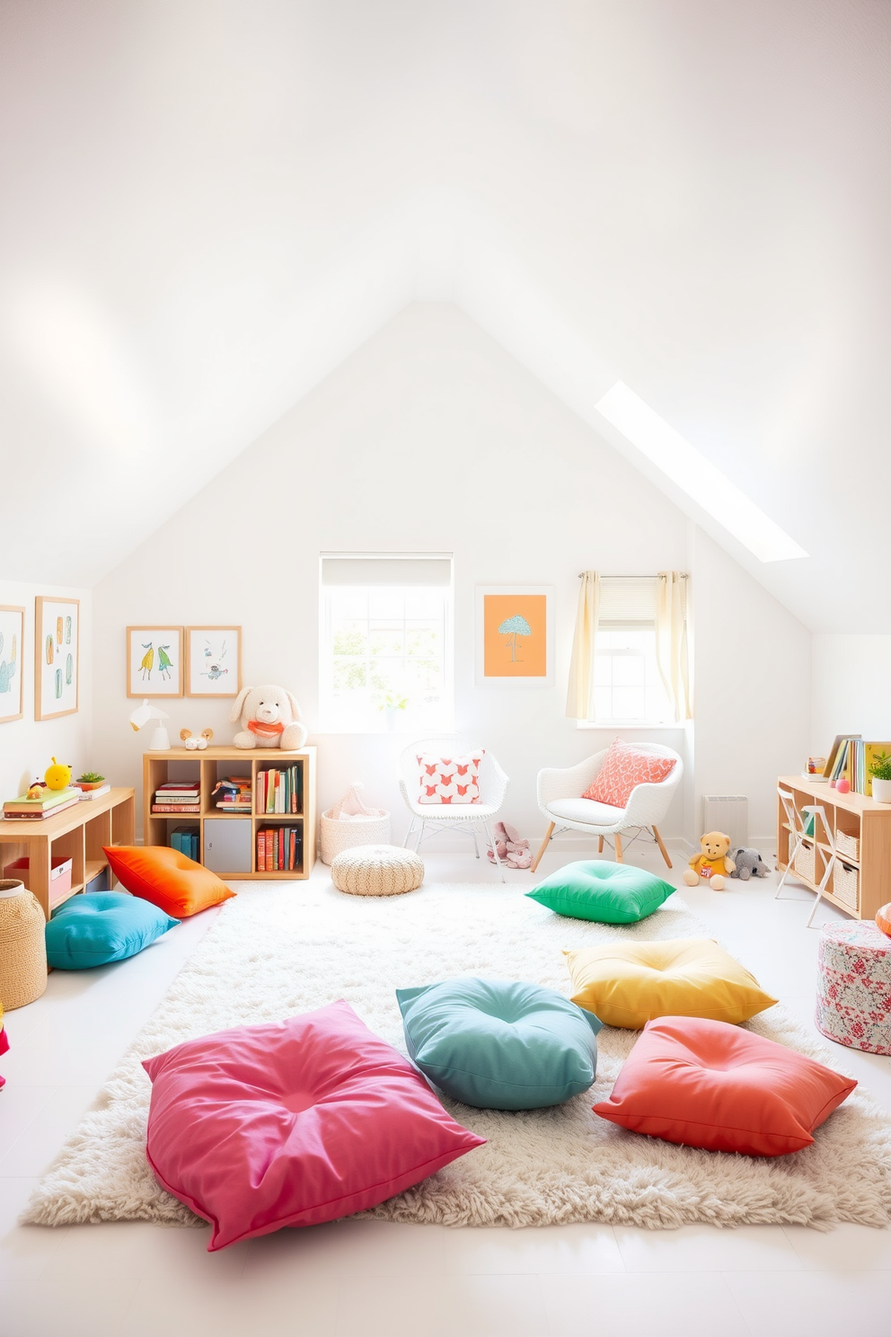 Airy white playroom with colorful accents. The walls are painted bright white, creating a spacious feel, while playful artwork adorns the walls. Vibrant cushions and bean bags in various colors are scattered across a soft area rug, inviting children to play and relax. A low wooden shelf holds an assortment of toys and books, adding a touch of warmth to the room. White Attic Room Design Ideas. The sloped ceiling is painted white to enhance the sense of height and light. A cozy reading nook with a plush chair and a small bookshelf is positioned under the eaves, creating an inviting space for relaxation. Soft pastel colors in the bedding and decor add a charming touch to the overall design.