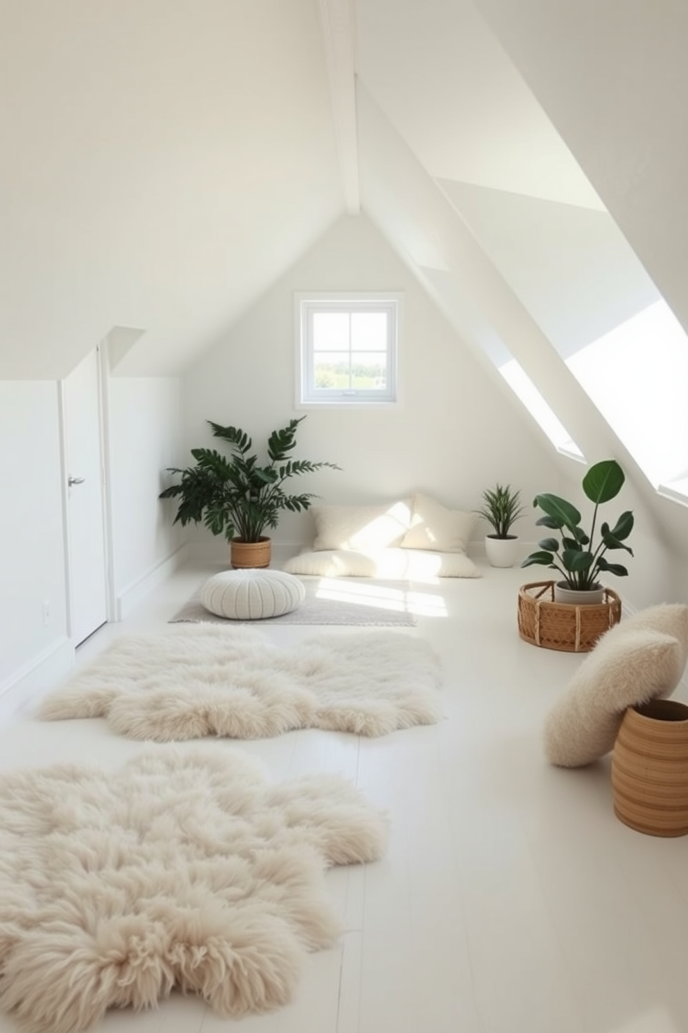 A serene white meditation space features soft, plush rugs that invite relaxation and tranquility. The walls are painted a crisp white, and natural light filters through large windows, creating a peaceful atmosphere. The white attic room design incorporates sloped ceilings and cozy nooks for reading or meditation. Soft furnishings in neutral tones enhance the serene ambiance, while strategically placed plants add a touch of nature.