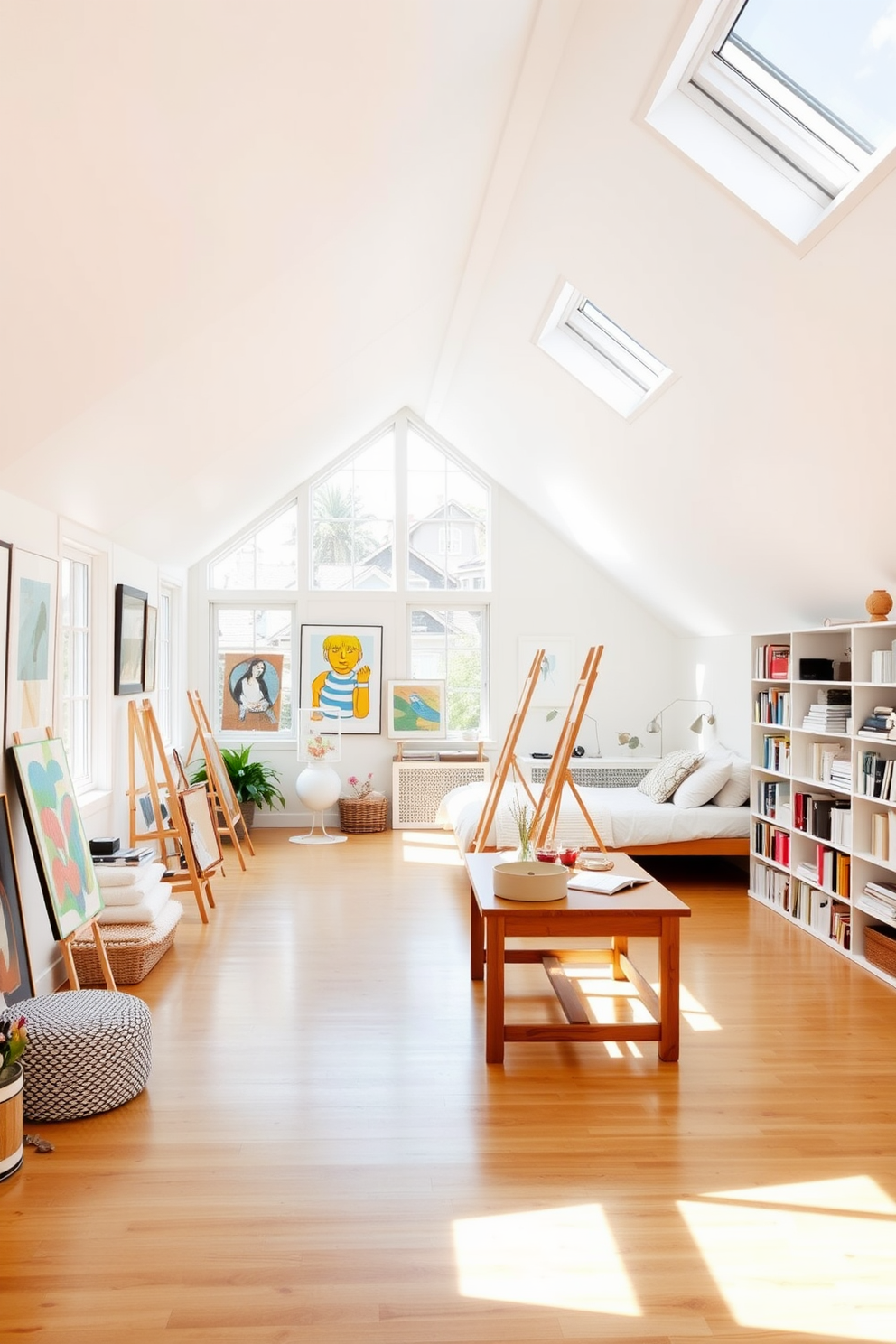 A stylish white art studio filled with natural light. The walls are adorned with large windows that allow sunlight to flood the space, illuminating the minimalist decor and vibrant artwork. In the center, a large wooden table serves as a workspace, surrounded by easels and art supplies. The floor is polished hardwood, and a cozy seating area with plush cushions invites creativity and relaxation. White attic room design ideas emphasize space and light. The sloped ceilings are painted white, creating an airy feel, while skylights bring in additional sunlight. A comfortable bed is positioned against one wall, complemented by soft bedding and decorative pillows. Shelves filled with books and decorative items line the opposite wall, enhancing the cozy atmosphere.