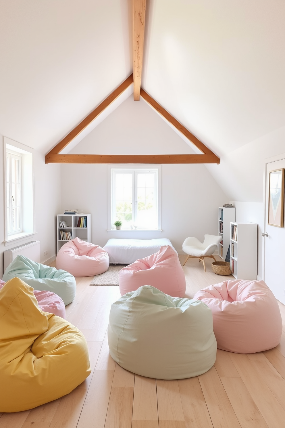 Inviting white lounge area with bean bags. The space features soft white walls and a light wooden floor, creating a warm and airy atmosphere. Scattered around are oversized bean bags in various pastel colors, providing a cozy and relaxed seating option. A large window allows natural light to flood the room, enhancing the inviting ambiance. White attic room design ideas. The sloped ceiling is adorned with wooden beams, adding character to the space while maintaining a bright and open feel. A minimalist approach is taken with a simple white bed and a small reading nook featuring a plush chair and a bookshelf against the wall.