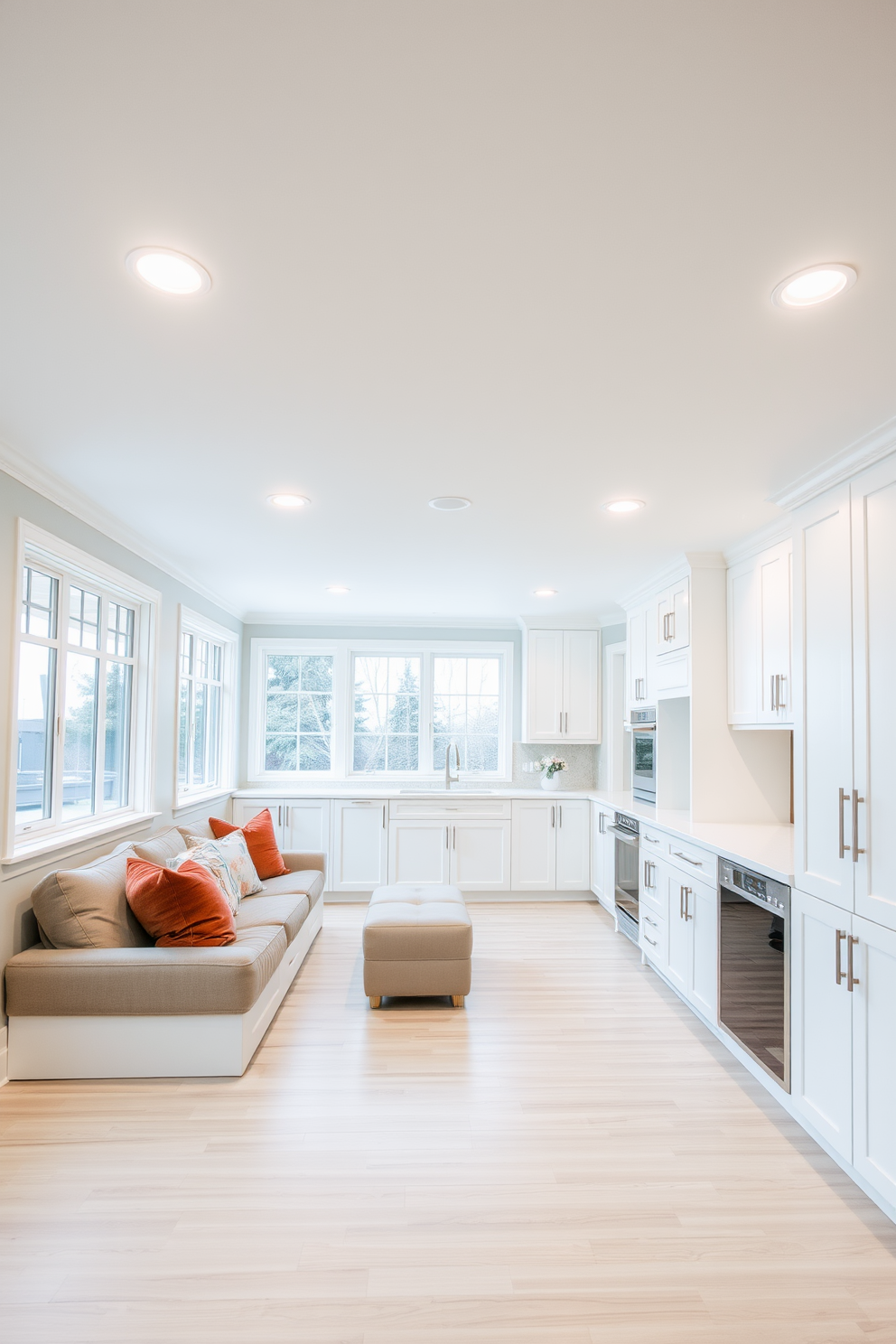 A bright and airy basement featuring white cabinetry that creates a clean modern look. The space is illuminated by recessed lighting and large windows that allow natural light to flood in. The flooring consists of light hardwood that complements the white cabinetry beautifully. A cozy seating area with plush cushions invites relaxation, while a sleek bar area enhances functionality.