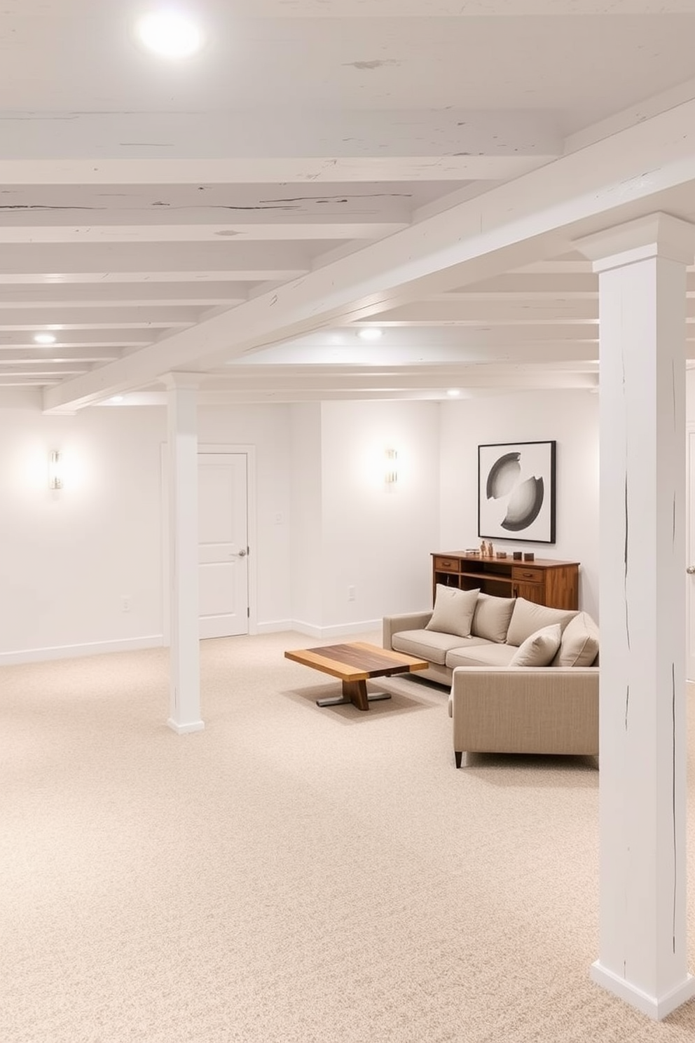 A spacious white basement featuring whitewashed wood beams that add architectural interest and warmth to the space. The walls are painted in a soft white hue, complemented by a plush light gray carpet that enhances the cozy atmosphere. In one corner, a modern sectional sofa in a neutral tone invites relaxation, paired with a sleek coffee table made of reclaimed wood. Ambient lighting fixtures hang from the ceiling, creating a warm glow that highlights the beams and adds to the inviting feel of the room.