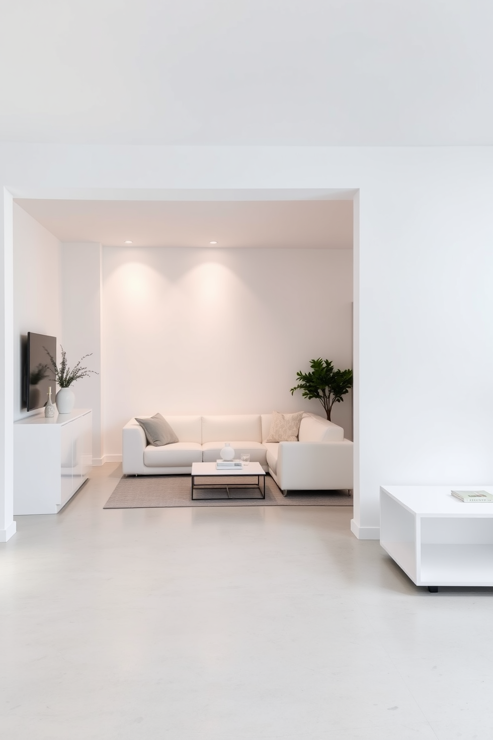 A minimalist white decor setting featuring sleek furniture and clean lines. The space is adorned with white walls and a polished concrete floor, creating a serene and elegant atmosphere. In the basement, a cozy lounge area includes a plush white sectional sofa and a simple coffee table. Soft lighting illuminates the space, highlighting the understated beauty of the minimalist design.