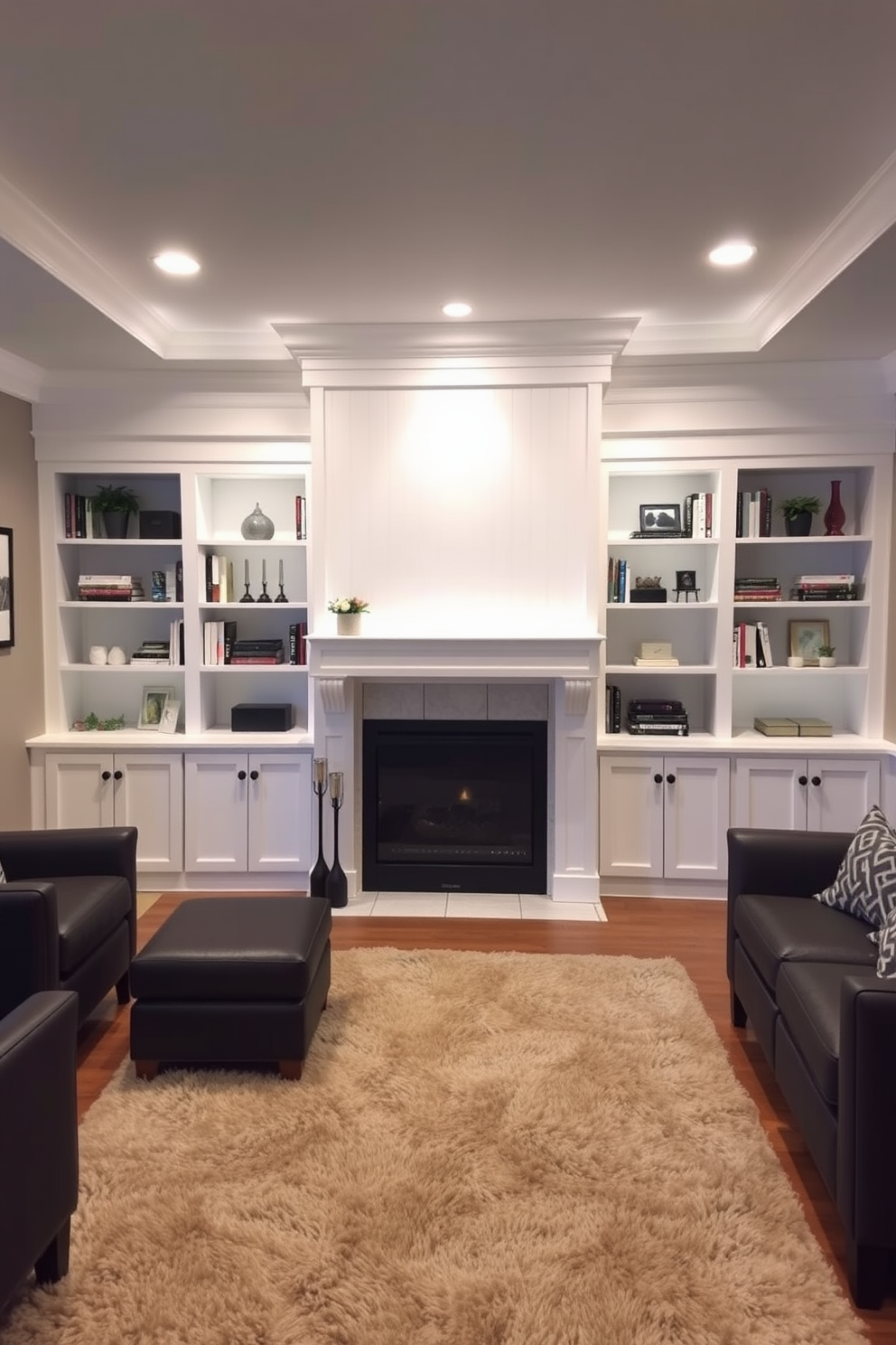 A stunning white fireplace serves as the focal point of the room. It is surrounded by built-in shelves filled with books and decorative items, creating a cozy atmosphere. The basement features a modern design with sleek furniture and ample lighting. Soft gray walls complement the white fireplace, while a plush area rug adds warmth to the space.