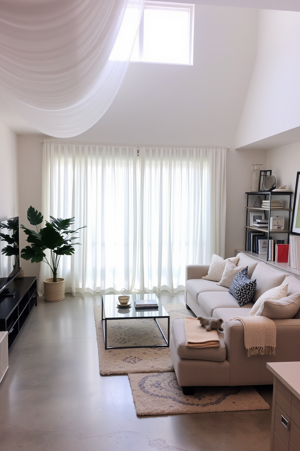 A serene basement retreat featuring layered white curtains that gently filter soft light into the space. The walls are painted in a light neutral tone, complemented by comfortable seating and cozy textiles to create a welcoming atmosphere. A stylish entertainment area with a plush sectional sofa and a sleek coffee table. Decorative shelves showcase books and personal items, while a soft area rug adds warmth to the polished concrete floor.