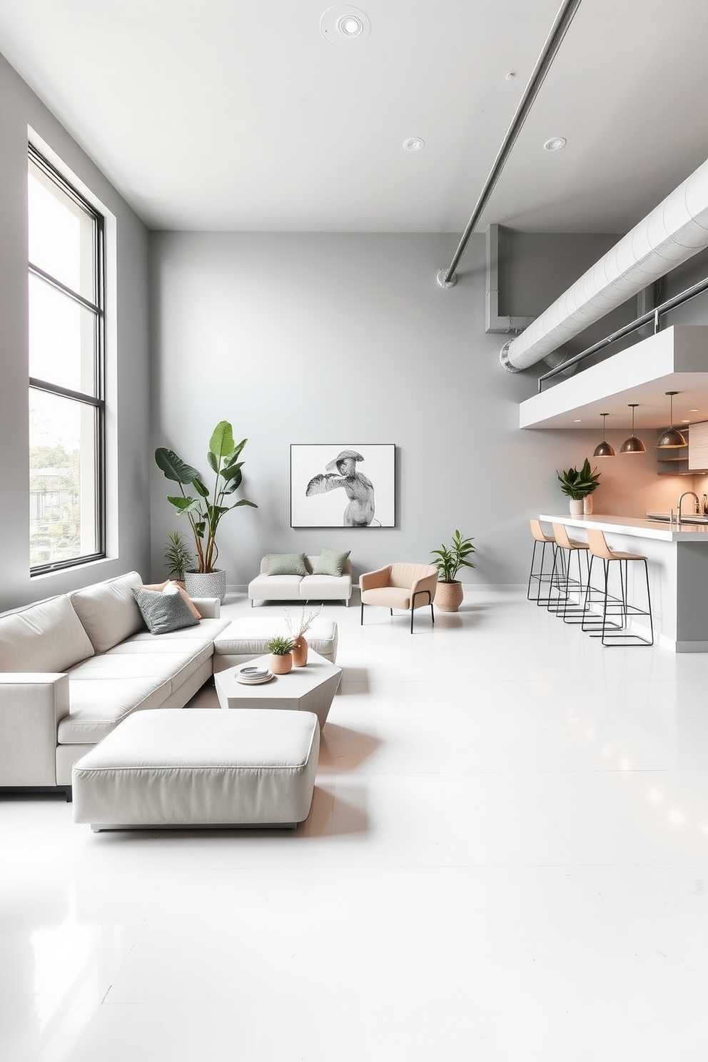 A spacious basement with white concrete floors creates a modern and airy atmosphere. The walls are painted in a soft gray, complemented by sleek, minimalist furniture in neutral tones. Large windows allow natural light to flood the space, enhancing the contemporary feel. A cozy seating area with a low-profile sectional sofa and a geometric coffee table invites relaxation. In one corner, a stylish bar with high stools offers a perfect spot for entertaining. Decorative plants add a touch of greenery, balancing the industrial elements with warmth.