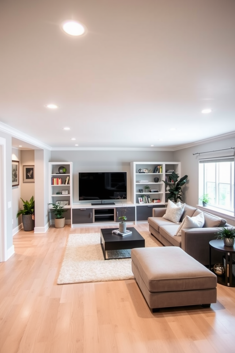 A modern basement space featuring a white ceiling with recessed lighting that enhances the overall brightness of the room. The walls are painted in a soft gray tone, and the flooring consists of light-colored hardwood to create an inviting atmosphere. In one corner, a cozy seating area is arranged with a plush sectional sofa and a sleek coffee table. Decorative throw pillows in various textures add warmth, while a contemporary area rug anchors the space. A home entertainment center is positioned against one wall, complete with a large flat-screen TV and built-in shelving for books and decor. Potted plants are strategically placed throughout the room to bring a touch of nature indoors.