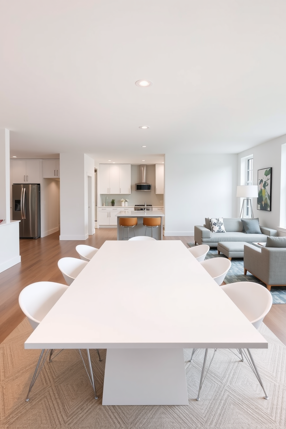 A white dining table with sleek lines serves as the centerpiece of the room. Surrounding the table are stylish chairs that complement its modern aesthetic, creating an inviting space for meals and gatherings. The basement features a bright and airy design with white walls and large windows that bring in natural light. Comfortable seating areas are arranged for relaxation, while a small kitchenette offers convenience for entertaining guests.