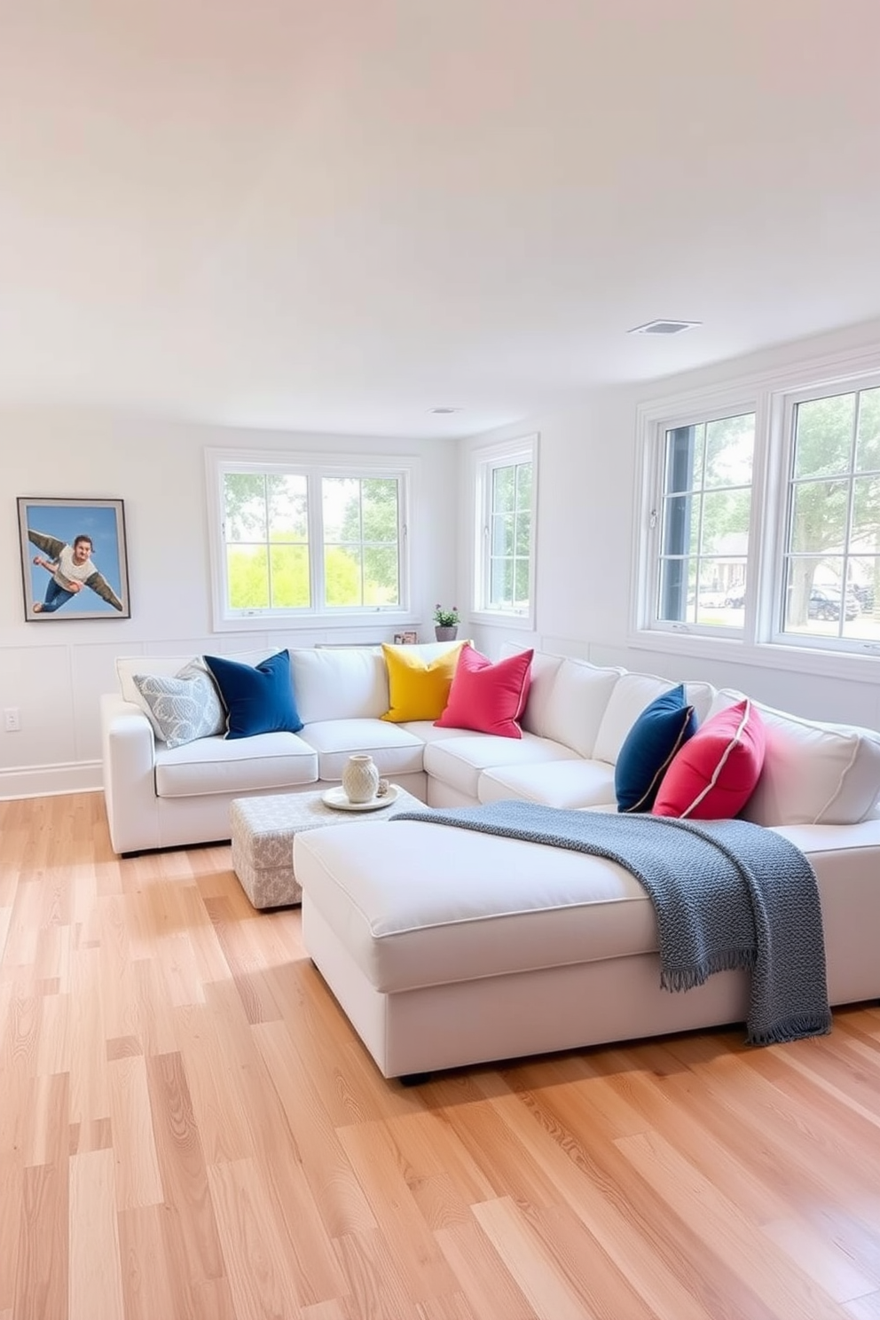 Cozy white sectional sofa with colorful accents. The sofa is adorned with a variety of vibrant throw pillows in shades of blue, yellow, and coral, creating a warm and inviting atmosphere. White basement design ideas feature light wood flooring that contrasts beautifully with the white walls. Large windows allow natural light to flood the space, enhancing the airy and open feel of the basement.