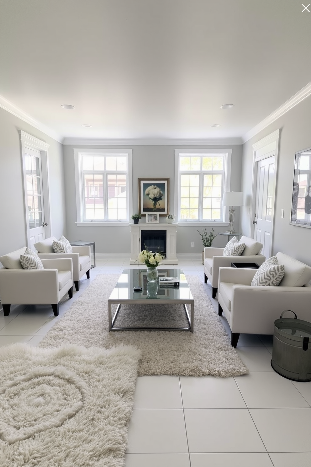 A bright and airy basement designed for relaxation and entertainment. The space features white accent chairs arranged around a sleek coffee table, creating a cozy seating area. The walls are painted in a soft gray tone, enhancing the lightness of the room. Large windows allow natural light to flood in, while plush rugs add warmth to the white tiled floor.