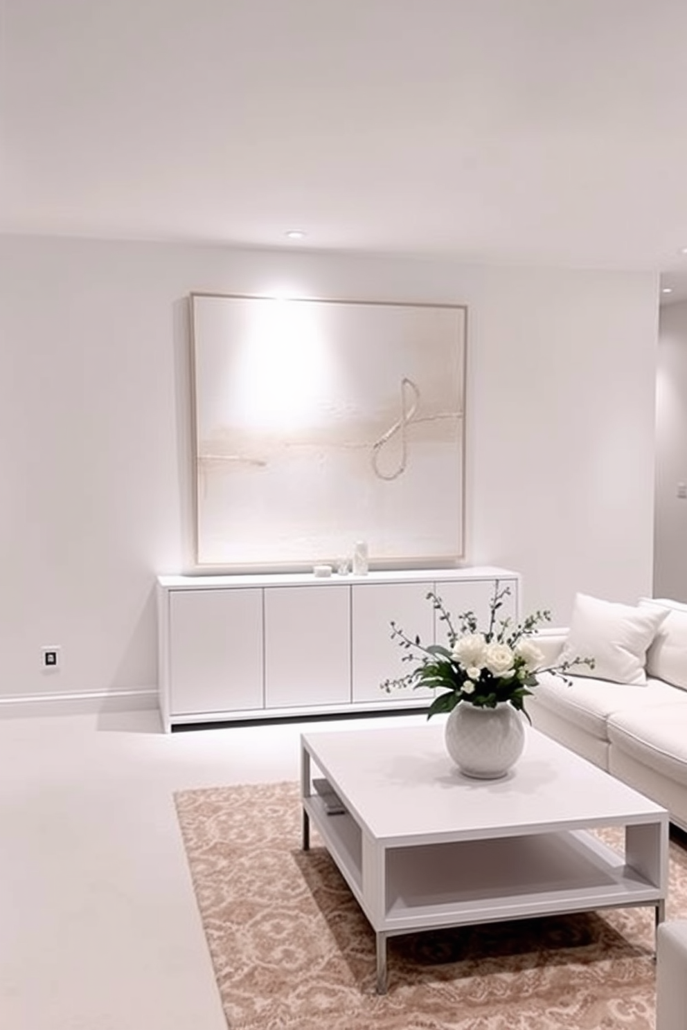 Creative white wall art for personal touch. A large abstract painting in soft tones of white and cream hangs above a sleek console table. White basement design ideas. The space features a cozy seating area with a plush white sectional sofa and a modern coffee table, complemented by soft ambient lighting from recessed fixtures.