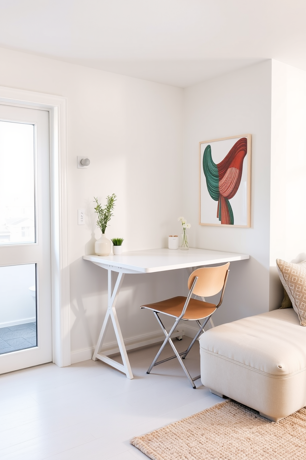 A white fold-out desk is positioned against the wall, maximizing workspace efficiency in a compact area. Natural light streams in through a nearby window, highlighting the sleek design and minimalist accessories on the desk. The white basement is designed with a cozy atmosphere, featuring soft lighting and comfortable seating arrangements. Neutral tones dominate the walls and flooring, complemented by vibrant artwork that adds character to the space.