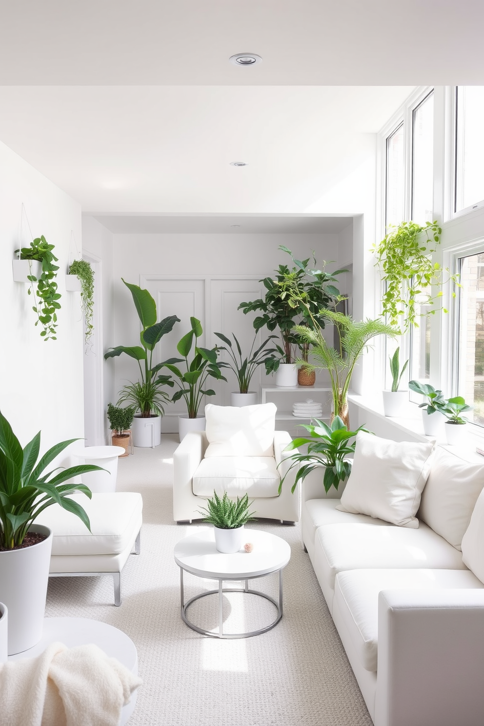 A bright and airy basement space featuring white walls and sleek white furniture. Large windows allow natural light to flood in, creating a fresh and inviting atmosphere. Incorporate various white plants throughout the space, adding a touch of greenery and a natural feel. A comfortable seating area with plush white cushions invites relaxation, while minimalist decor enhances the clean aesthetic.