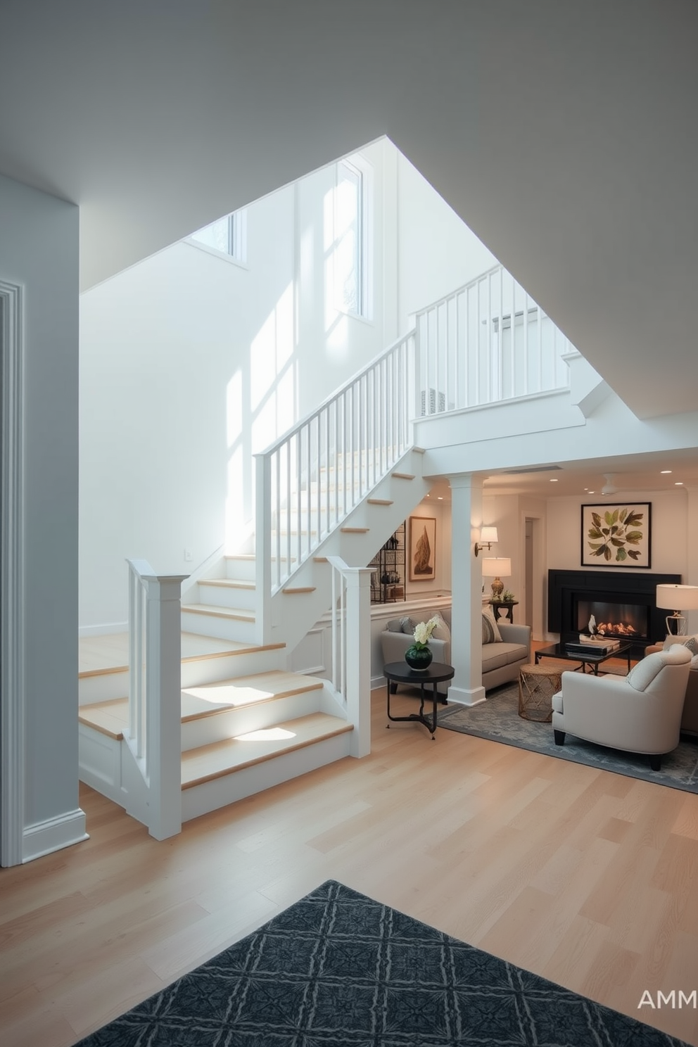 A bright and airy white staircase with sleek railings leads gracefully from the upper level to the basement. The staircase is illuminated by natural light streaming in through large windows, creating an inviting atmosphere. The basement features an open layout with soft white walls and light hardwood flooring that enhances the spacious feel. Cozy seating areas are arranged with plush furniture, complemented by stylish decor and warm lighting for a welcoming ambiance.