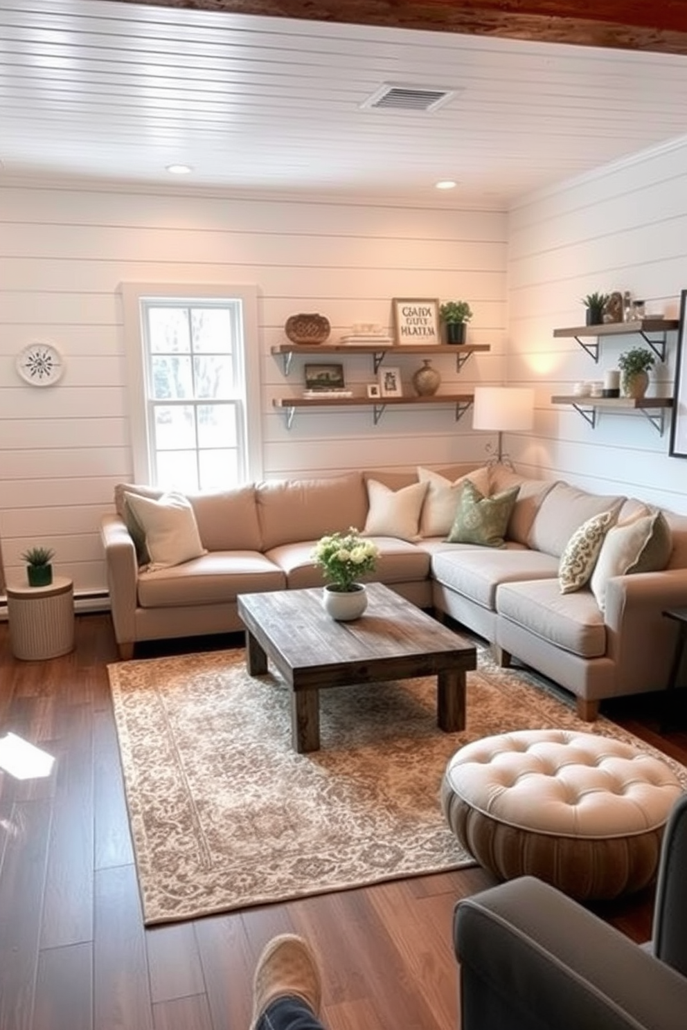 A cozy basement retreat featuring white shiplap paneling that adds rustic charm to the space. The room is furnished with a plush sectional sofa adorned with soft throw pillows, complemented by a reclaimed wood coffee table at the center. Natural light filters in through large windows, enhancing the inviting atmosphere. A stylish area rug anchors the seating area, while wall-mounted shelves display curated decor items and books.