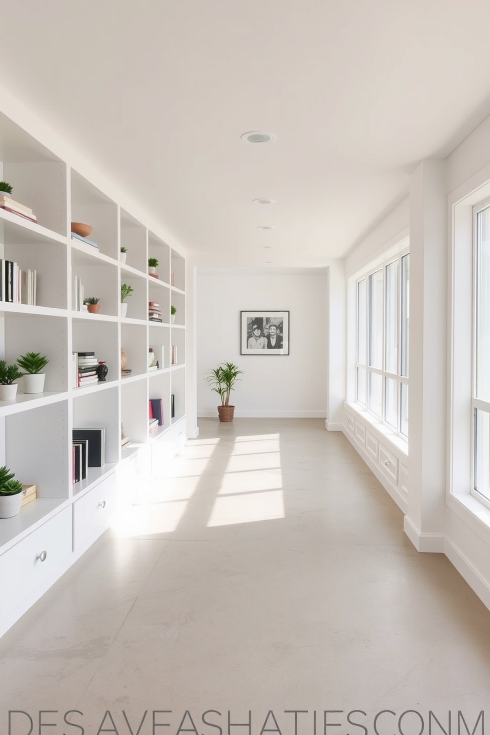 Open shelving in white lines the walls of a spacious basement, creating a clean and modern aesthetic. The shelves are adorned with carefully curated decorative displays, including books, plants, and art pieces that add personality to the space. The basement features a light-colored polished concrete floor that complements the white shelving. Large windows allow natural light to flood the area, enhancing the airy and inviting atmosphere.