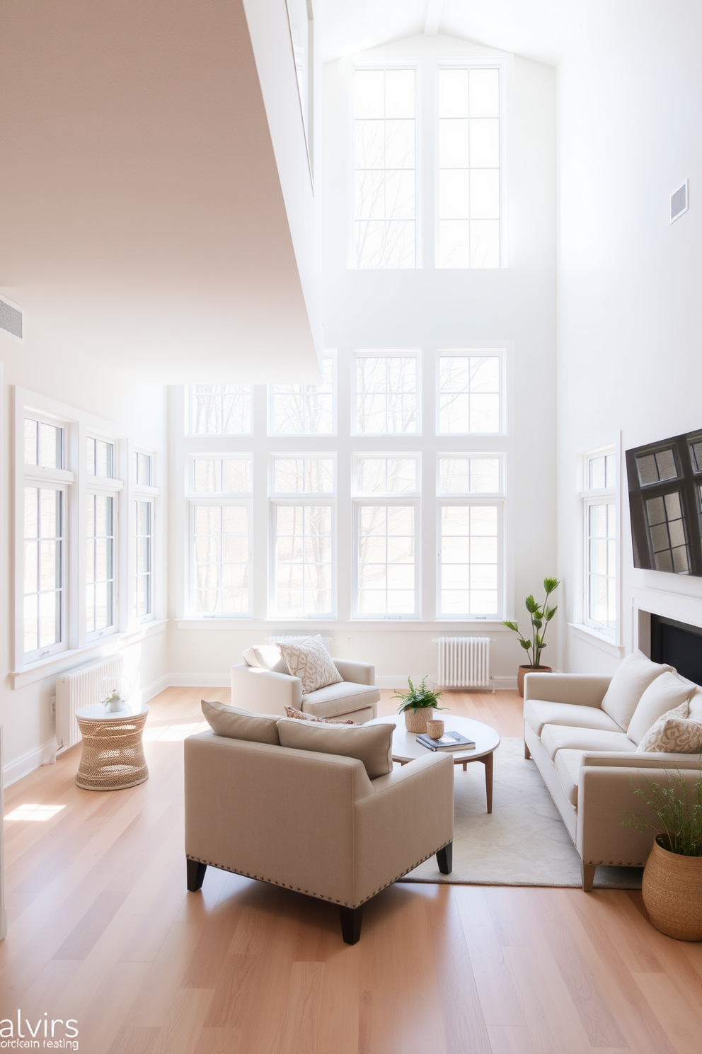 A bright and airy basement space featuring large windows that flood the room with natural light. The walls are painted in a soft white hue, creating a clean and open atmosphere. The flooring is a light hardwood, adding warmth to the space. Stylish furniture pieces in neutral tones are arranged to encourage conversation and relaxation.