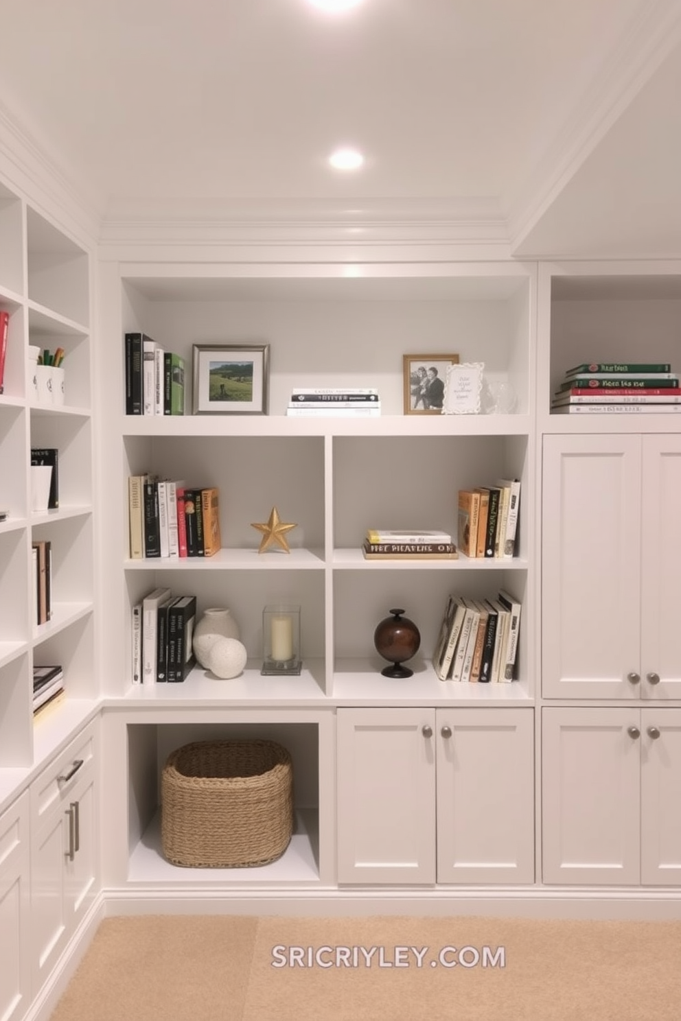 A bright white basement featuring built-in shelves that provide organized storage solutions. The shelves are filled with neatly arranged books and decorative items, enhancing the clean and modern aesthetic of the space.