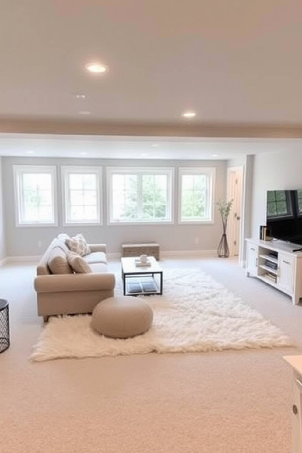 A cozy white basement designed for relaxation and entertainment. The space features a soft white area rug that adds warmth and comfort to the room. The walls are painted in a light gray shade, enhancing the airy feel of the basement. Large windows allow natural light to flood in, creating a bright and inviting atmosphere.