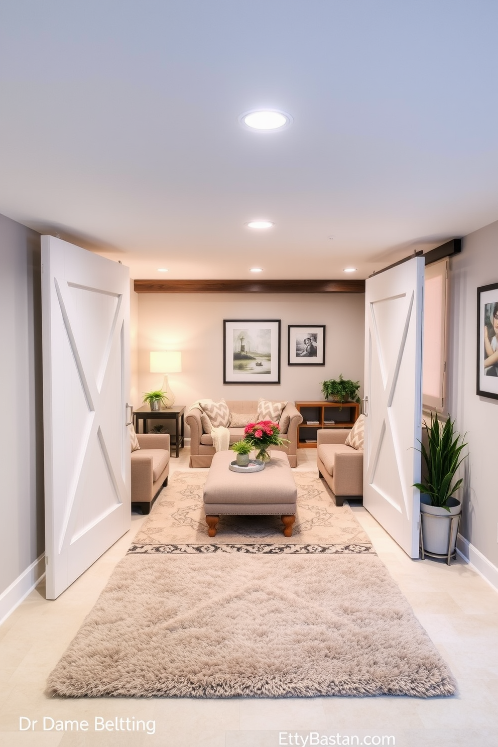 A stylish basement featuring white barn doors that elegantly separate the space. The design includes cozy seating areas with soft lighting and rustic wooden accents to create a warm atmosphere. The walls are painted in light neutral tones, enhancing the brightness of the basement. A plush area rug adds comfort, while decorative elements like framed artwork and potted plants bring life to the space.