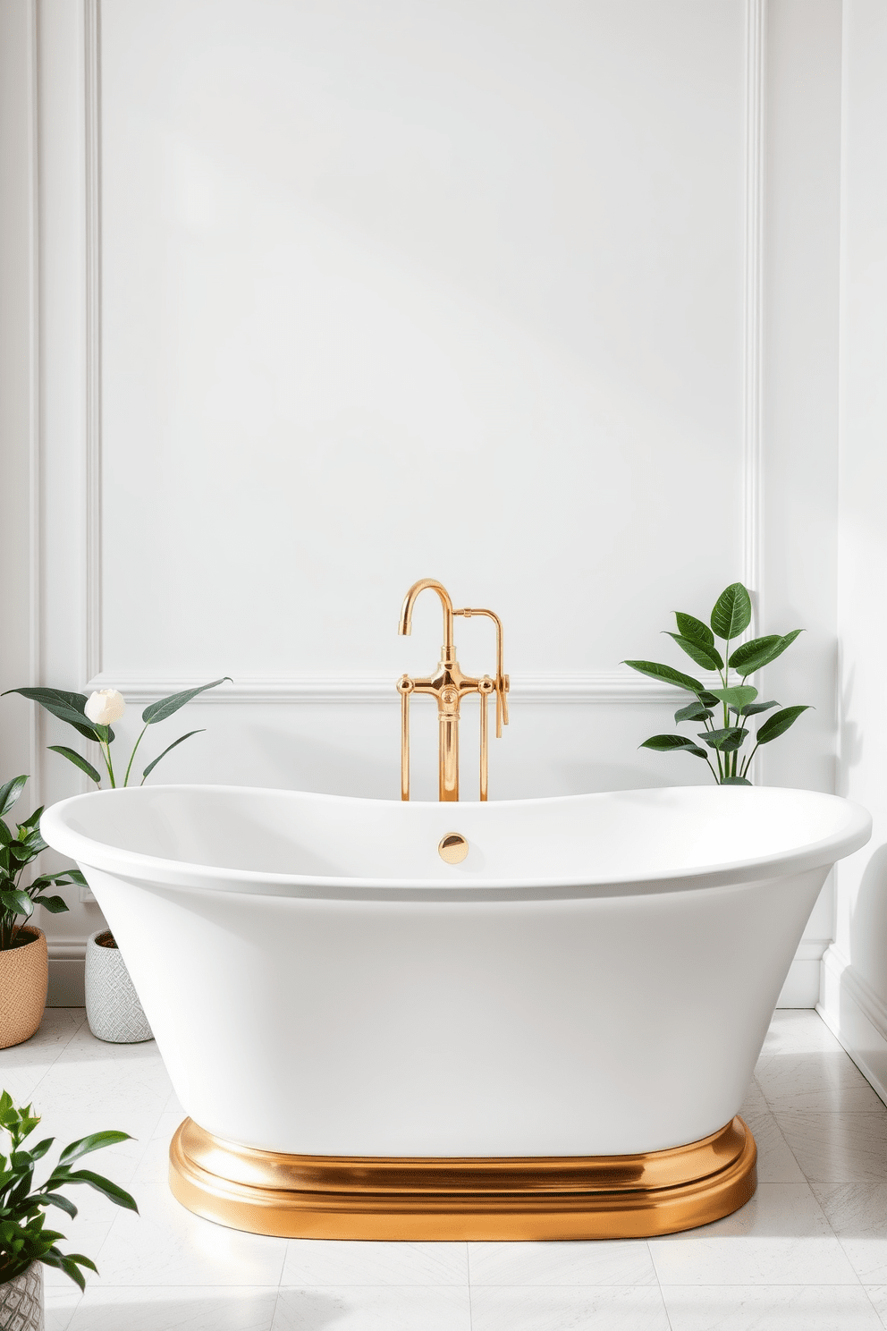 Elegant freestanding bathtub with gold accents. The bathtub is positioned against a backdrop of soft white walls, creating a serene atmosphere. A sleek gold faucet gracefully arches over the tub, complementing the luxurious feel. Surrounding the bathtub, there are subtle touches of greenery with potted plants placed strategically for a fresh look.