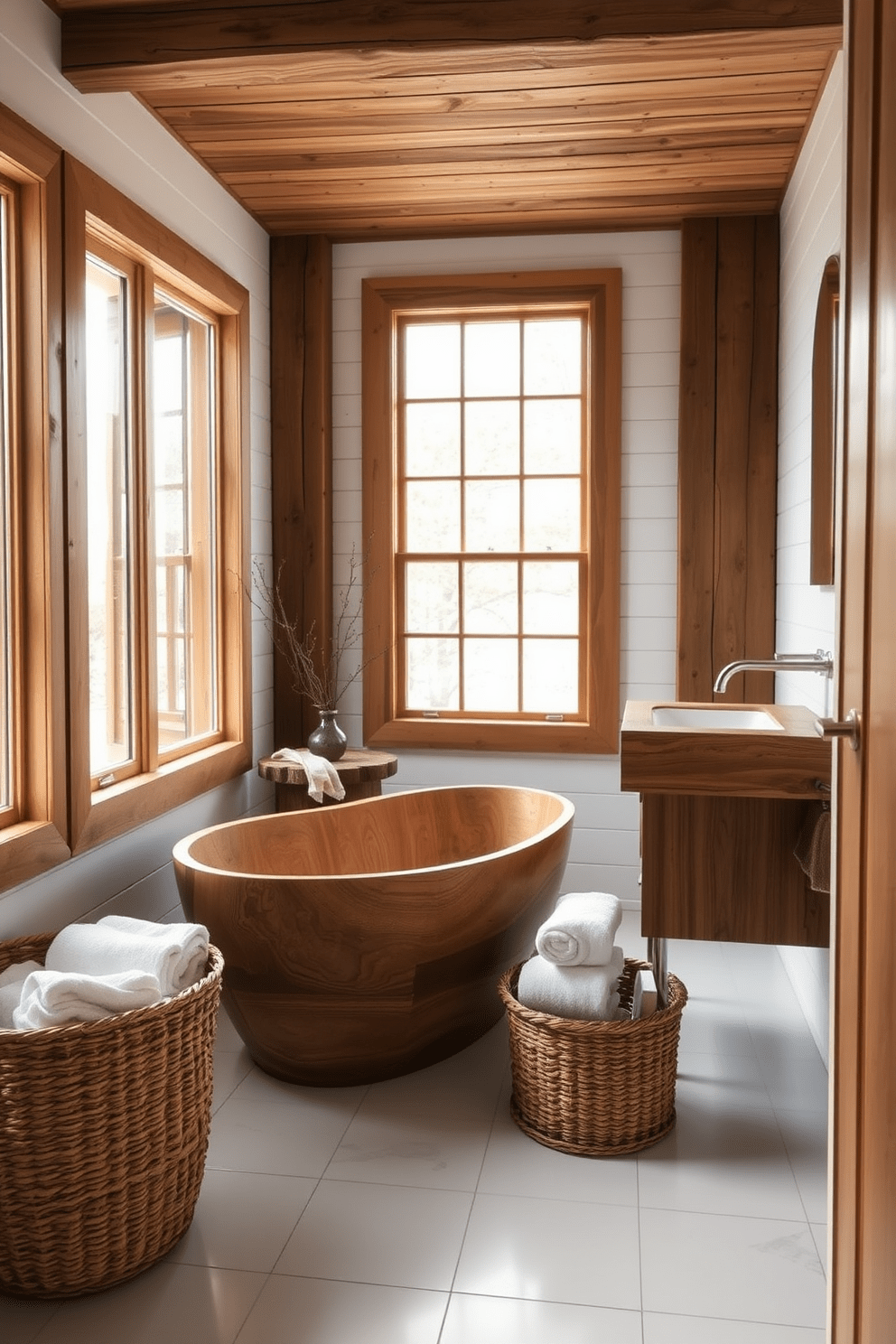 A serene bathroom space that highlights natural wood elements for warmth and texture. The design features a freestanding wooden bathtub with organic curves, surrounded by white shiplap walls and large windows that invite natural light. Complementing the wood, a minimalist wooden vanity showcases a sleek white sink and brushed nickel fixtures. The floor is adorned with large white tiles, while a woven basket filled with soft towels adds a touch of coziness to the aesthetic.