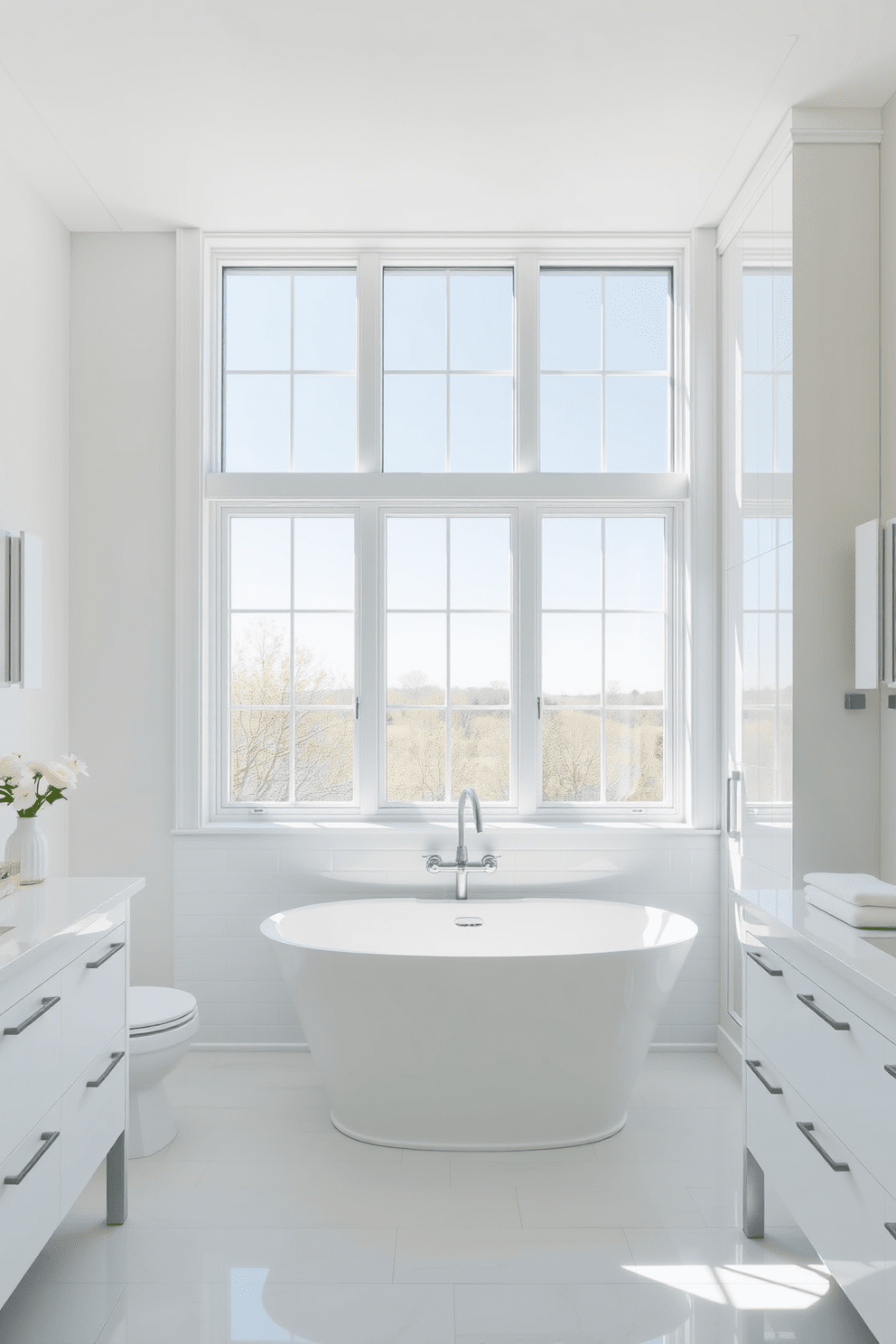 A bright and airy bathroom featuring large windows that allow ample natural light to flood the space. The design showcases a clean white color palette with sleek fixtures and minimalist decor. The walls are adorned with elegant white tiles that reflect the light beautifully. A freestanding soaking tub sits beneath the windows, complemented by a modern vanity with a polished white countertop.