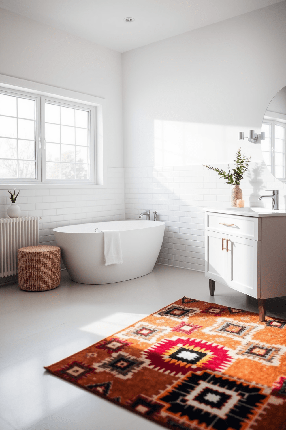 A bright and airy bathroom features a sleek white freestanding bathtub positioned under a large window, allowing natural light to flood the space. The walls are adorned with white subway tiles, and a bold patterned rug in vibrant colors adds a striking contrast on the floor. The vanity is minimalistic with a white countertop and modern fixtures, complemented by stylish storage solutions. Decorative plants and candles are strategically placed to enhance the serene atmosphere while maintaining a cohesive design.