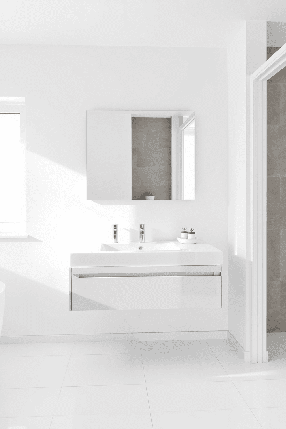 A sleek floating vanity is installed against a crisp white wall, featuring a minimalist design with clean lines and a glossy finish. Above the vanity, a frameless mirror reflects the bright natural light streaming in from a nearby window, enhancing the airy feel of the space. The floor is adorned with large white tiles that create a seamless look, while a subtle gray accent wall adds depth to the overall design. Elegant fixtures in brushed nickel complement the modern aesthetic, and a few carefully chosen decorative items bring warmth to the serene atmosphere.