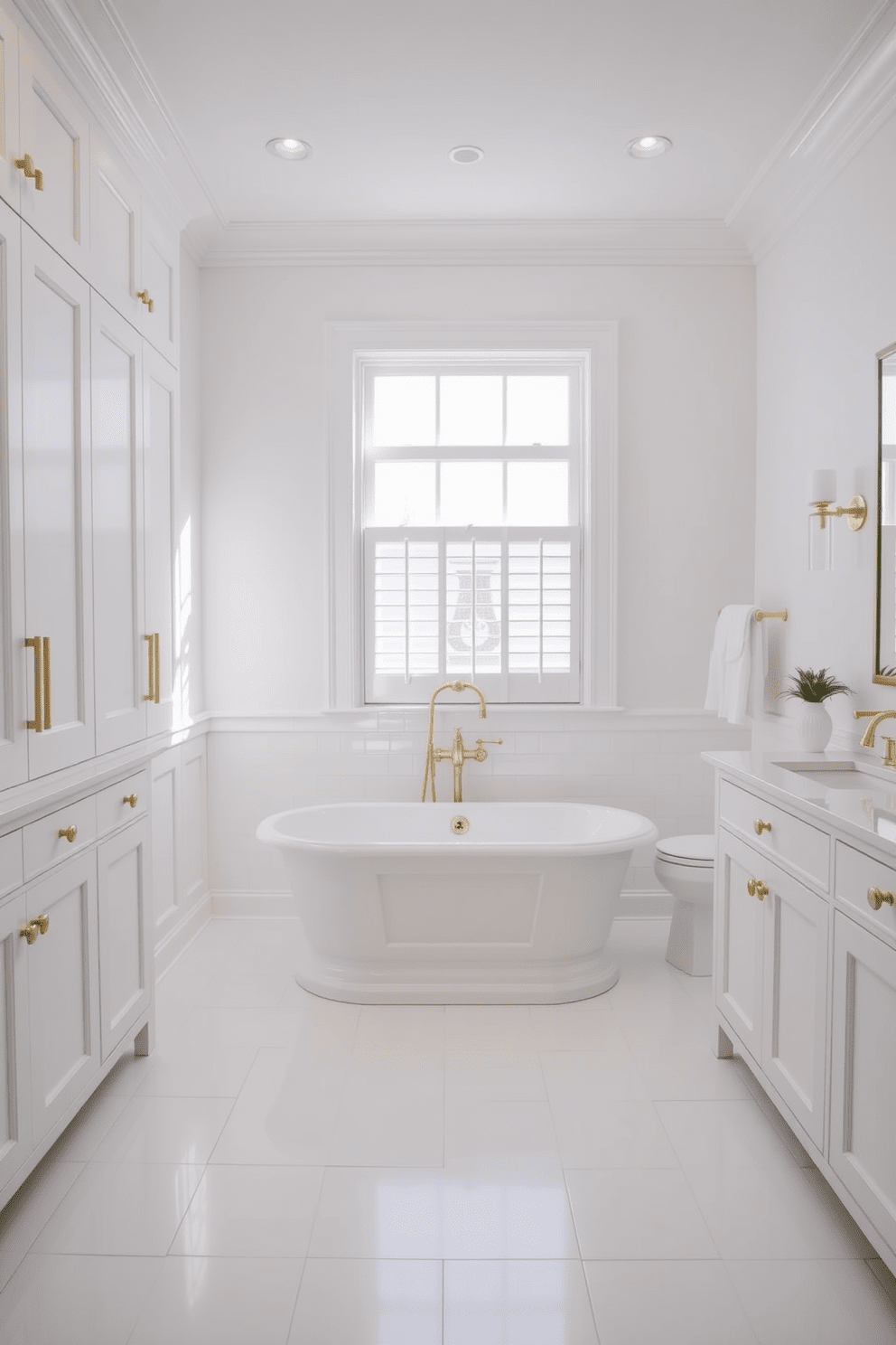 A bright and airy bathroom featuring a pristine white color palette. Elegant brass hardware accents the cabinetry and fixtures, adding a touch of sophistication. The spacious layout includes a freestanding soaking tub centered beneath a large window. Sleek white tiles line the walls and floor, creating a seamless and clean aesthetic.