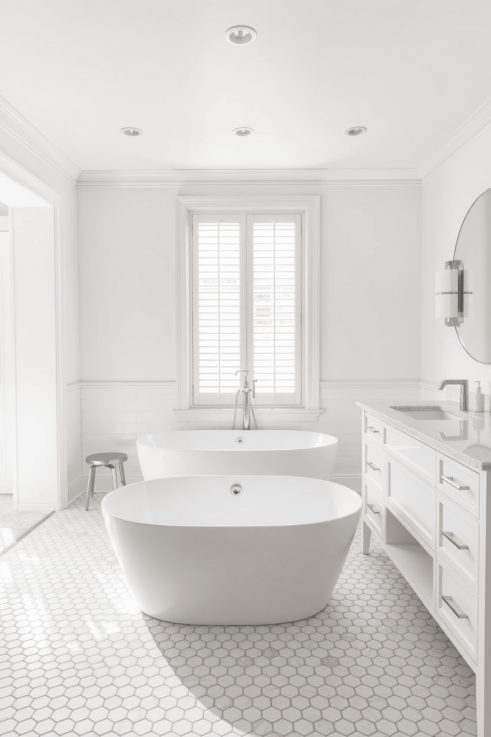 A serene bathroom setting featuring white hexagon tiles that create a unique and stylish floor. The walls are adorned with soft white paint, and a freestanding bathtub takes center stage, surrounded by elegant fixtures. A minimalist vanity with a sleek design complements the space, topped with a polished quartz surface. Natural light pours in through a large window, enhancing the bright and airy atmosphere of the bathroom.