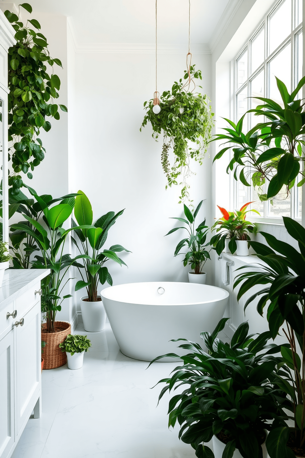 Lush greenery fills the space with vibrant life, featuring potted plants in various sizes strategically placed throughout the room. The walls are painted a crisp white, creating a bright and airy atmosphere that complements the natural elements. The bathroom showcases a sleek white freestanding bathtub positioned under a large window, allowing natural light to flood in. Elegant white cabinetry provides ample storage, while a subtle marble backsplash adds a touch of luxury.