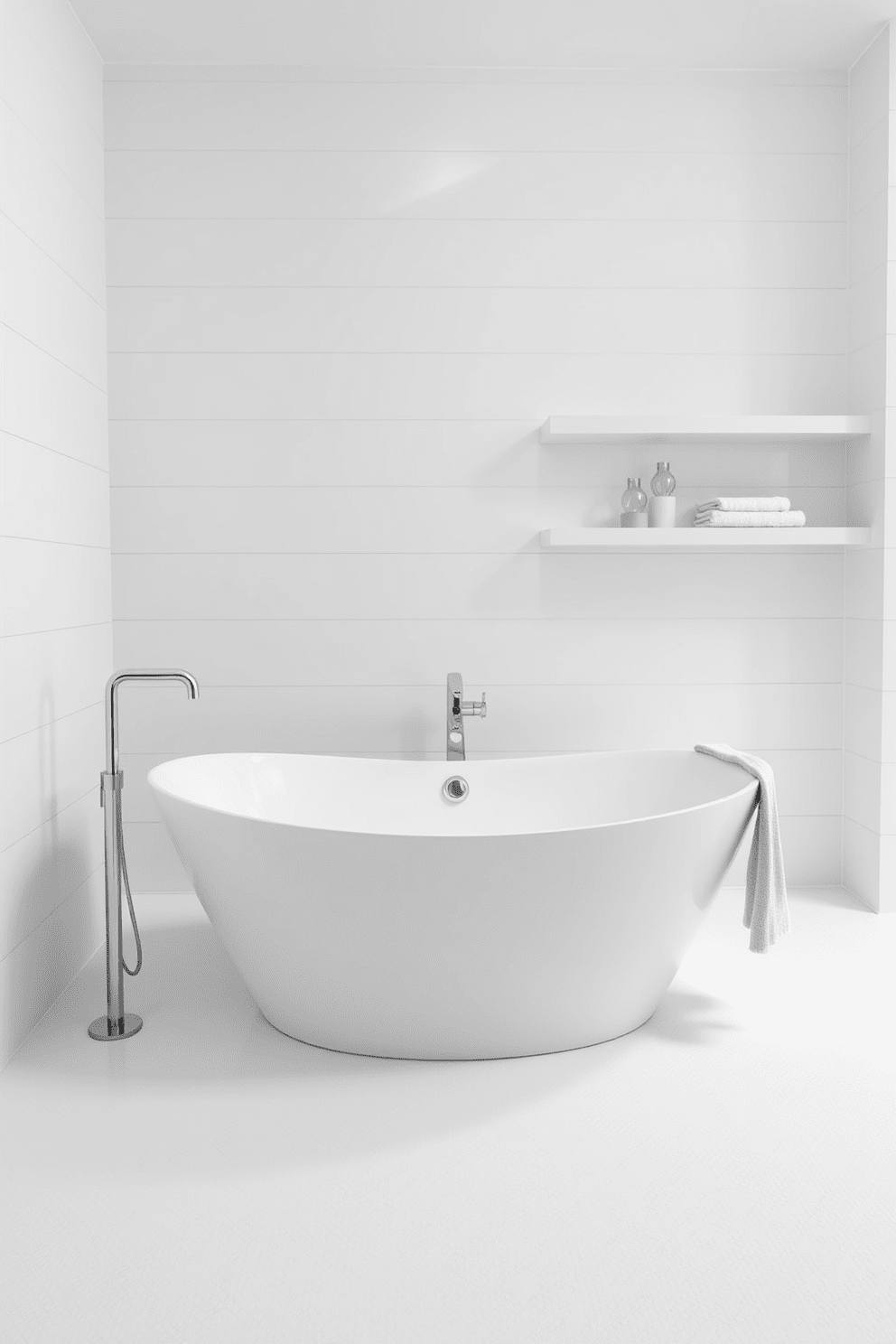 A sleek white bathroom featuring a monochromatic color scheme that exudes elegance and simplicity. The walls are adorned with large white tiles, and the floor is finished with a subtle textured white material. A freestanding white bathtub takes center stage, complemented by a minimalist white faucet. Floating white shelves display neatly arranged towels and decorative items, enhancing the clean aesthetic.