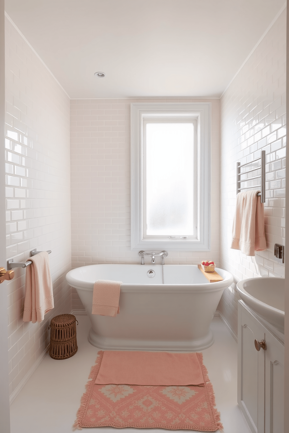 A serene white bathroom featuring soft pastel accents that add a subtle pop of color. The walls are adorned with delicate pastel tiles, while the fixtures maintain a clean and modern aesthetic. A freestanding bathtub sits gracefully in the center, surrounded by pastel-colored accessories such as towels and a small rug. Natural light pours in through a frosted window, enhancing the tranquil atmosphere of the space.