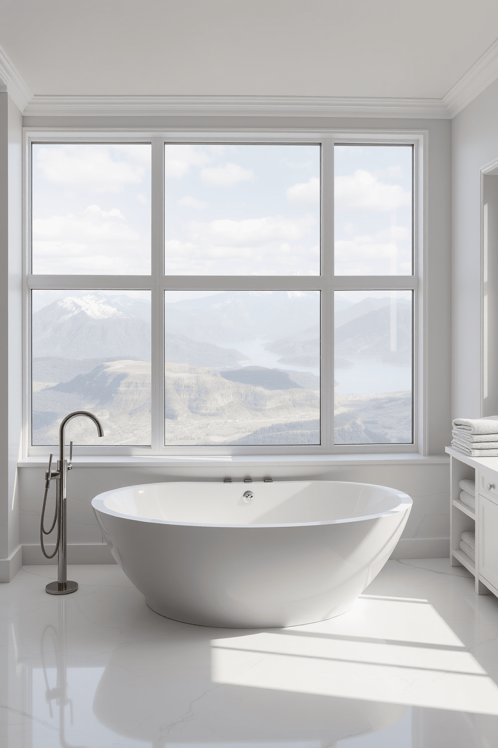 A luxury soaking tub is positioned in front of large windows that offer breathtaking scenic views of the surrounding landscape. The bathroom features a serene white color palette with elegant fixtures and soft natural light flooding the space. The soaking tub is surrounded by sleek white marble tiles that add a touch of sophistication. Plush towels in neutral tones are neatly arranged on a nearby shelf, enhancing the overall tranquil atmosphere of the room.